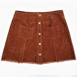 Mittoshop Corduroy Mini Skirt NEW Brown Button Front Size L Pockets Frayed Hem
